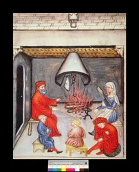 Gespräch vor dem Feuer, Illustration aus Tacuinum Sanitatis Codex Vindobonensis